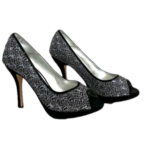Caparros Shoes - Caparros Black and Silver Platform Peep Toe pumps Suede Sole